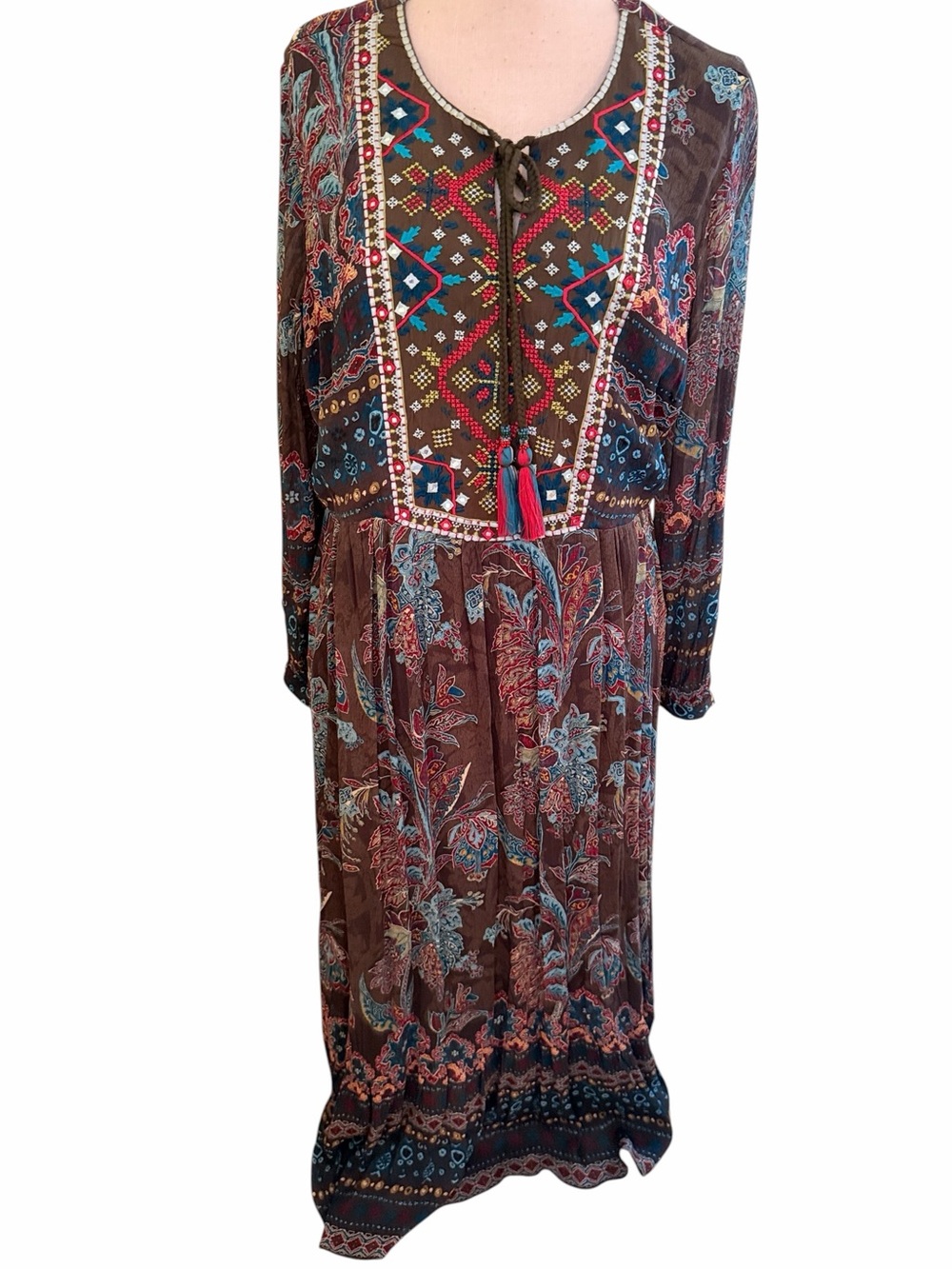 Soft Surroundings Brown/Olive Multi-Print Embroidered Boho Maxi Dress/Tassel Tie